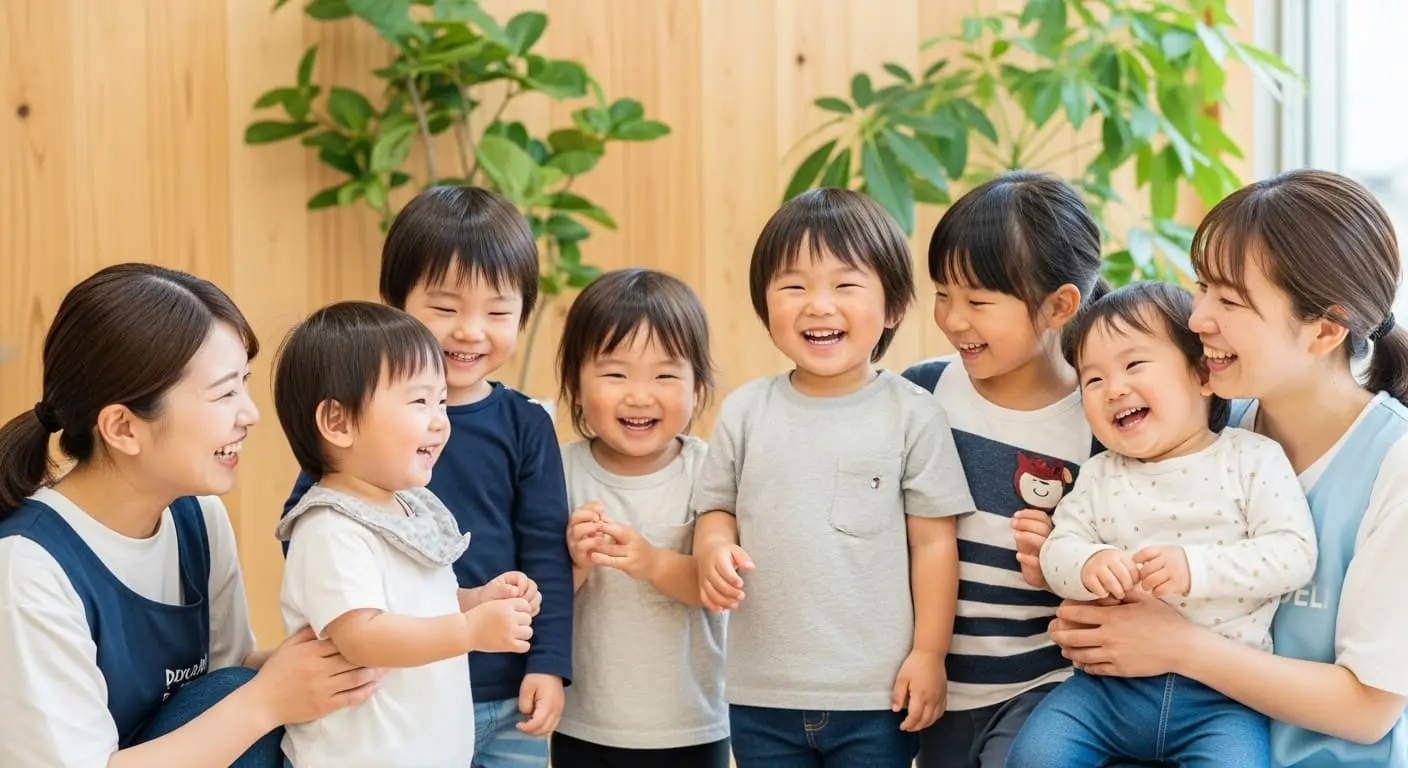 笑顔の子どもたちと保育士